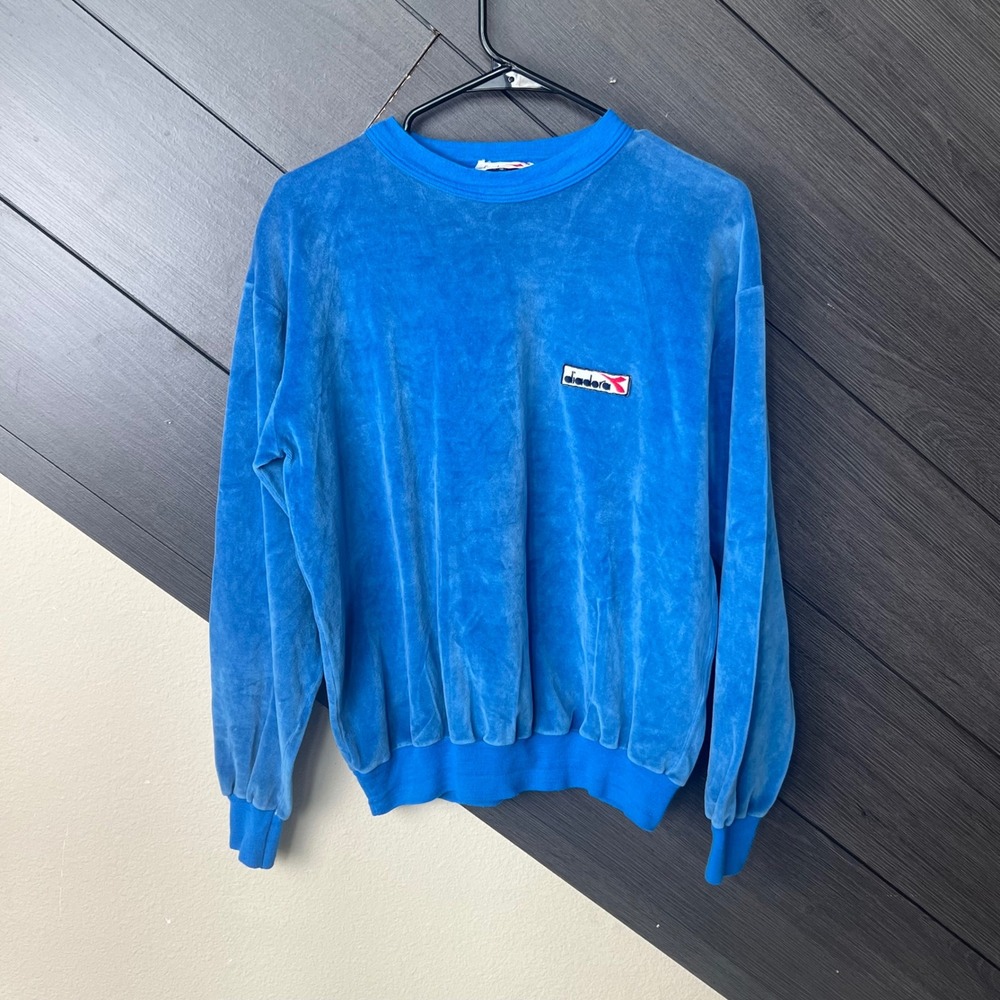 Diadora Men's Velour Sweatshirt Crewneck Blue Made In Italy Size M